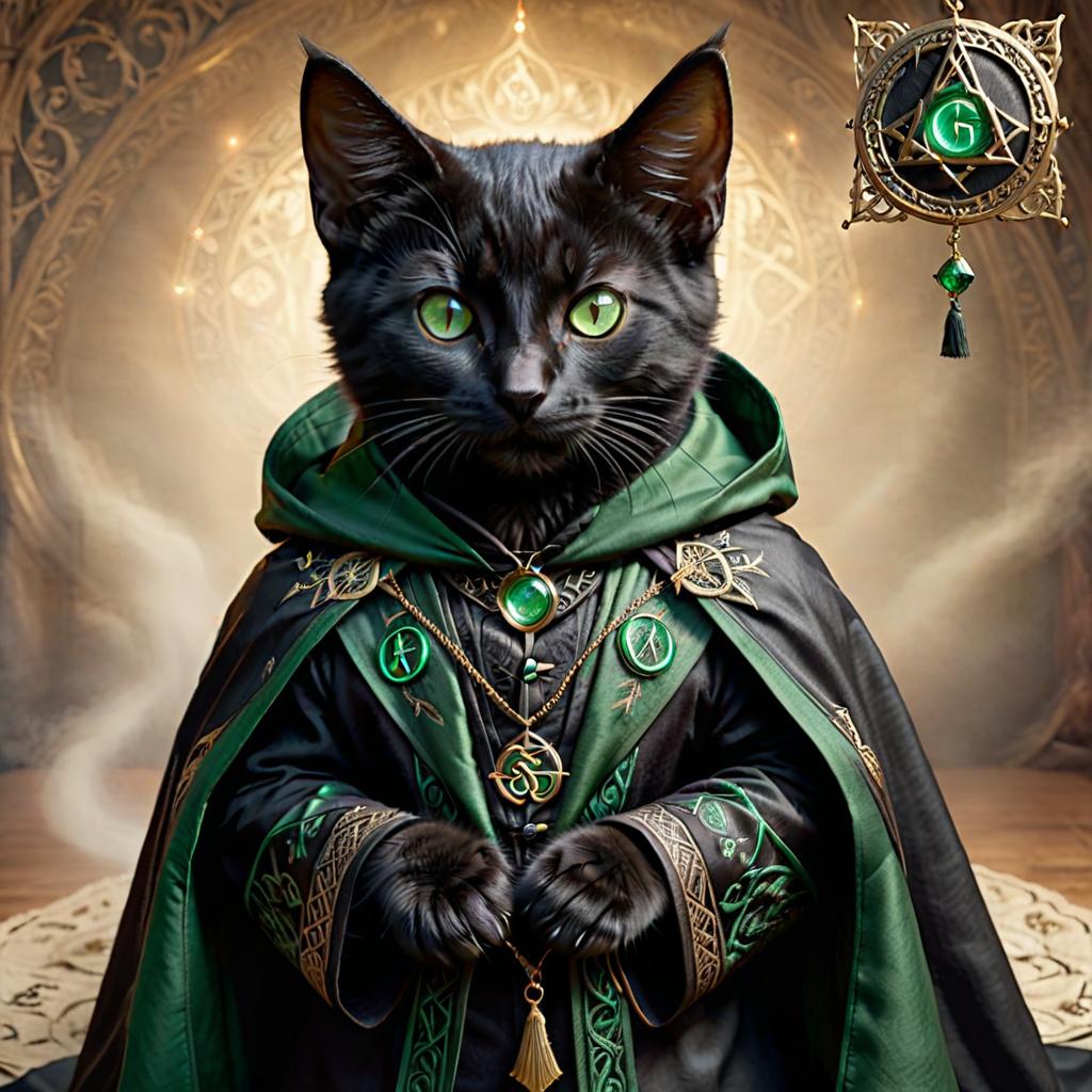  A black kitten boy magician with green eyes in a black cloak with embroidered runes., on parchment hyperrealistic, full body, detailed clothing, highly detailed, cinematic lighting, stunningly beautiful, intricate, sharp focus, f/1. 8, 85mm, (centered image composition), (professionally color graded), ((bright soft diffused light)), volumetric fog, trending on instagram, trending on tumblr, HDR 4K, 8K