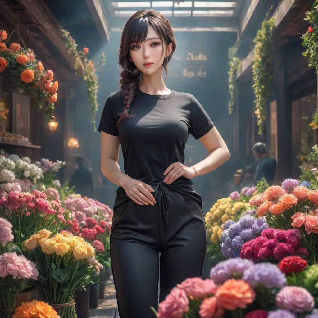  a full length woman with flowers in a black T shirt hyperrealistic, full body, detailed clothing, highly detailed, cinematic lighting, stunningly beautiful, intricate, sharp focus, f/1. 8, 85mm, (centered image composition), (professionally color graded), ((bright soft diffused light)), volumetric fog, trending on instagram, trending on tumblr, HDR 4K, 8K