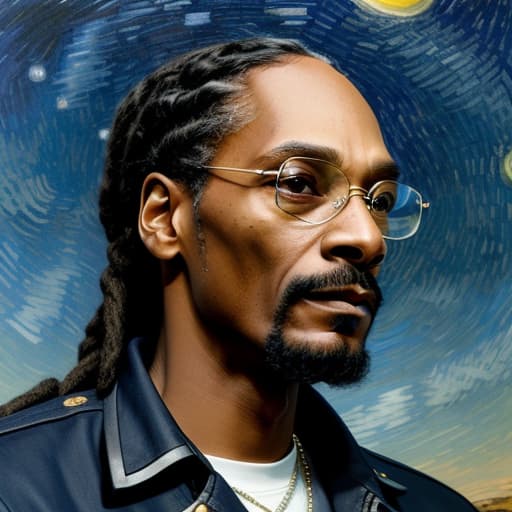  Snoop Dogg also known as Calvin Cordozar Broadus Jr as seen in the year 2022 with Martha Stewart, [van gogh | Snoop Dogg] of van gogh himself as seen in early 2000s, black dreadlocks, epic clothes, painting of Starry Night and Marijuana leaf, realistically detailed face, realistically detailed eyes, realistically detailed dreadlocks, artistically drawn background, masterpiece, high rez, unreal engine, ultra detailed, high quality, artistically drawn painting of Van Gogh's Starry Night, Marijuana theme, stoner, get high, weed smoke, Marijuana consuming, , intricate details, photorealistic,hyperrealistic, high quality, highly detailed, cinematic lighting, intricate, sharp focus, f/1. 8, 85mm, (centered image composition), (professionally col