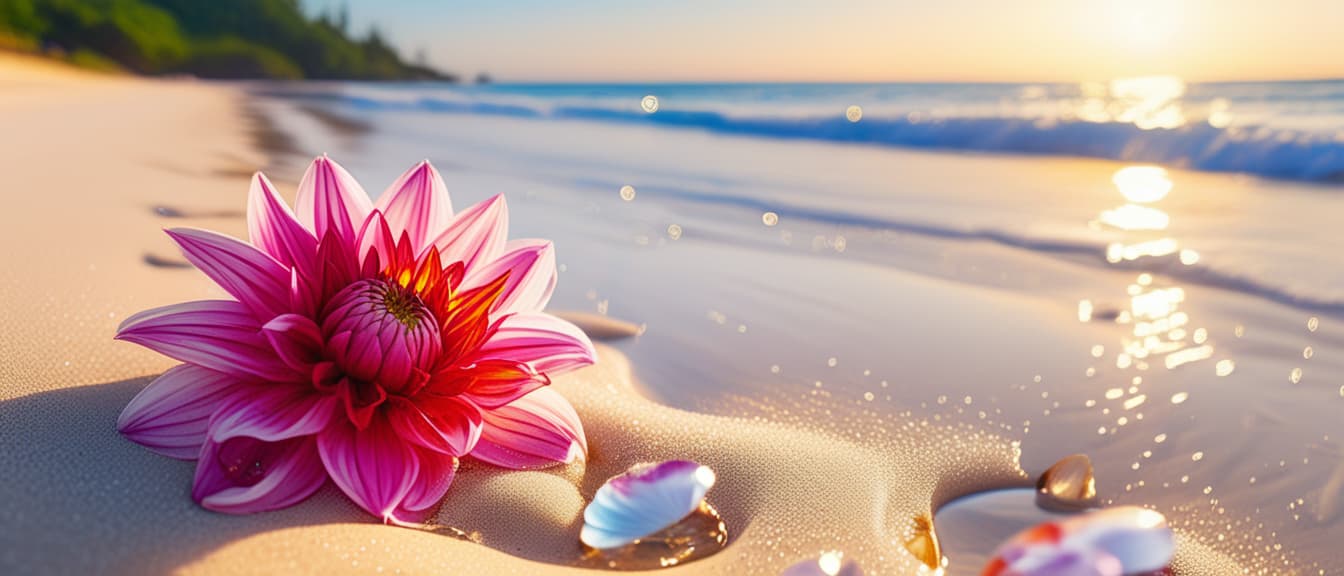  best quality, HD, Beach summer panoramic background with Dahlia flower on the cristal sand and glory water