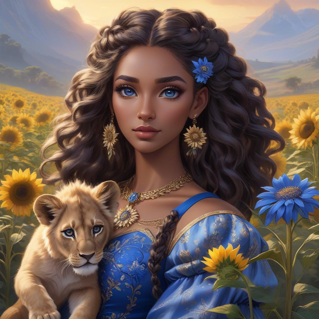  A with striking eyes holds a young lion amidst a sunflower field at sunset. Her hair is adorned with blue flowers, matching her dress. A young African with a rich, dark complexion and large, round, expressive dark brown eyes. She has full lips and a small, delicate nose. Her face is framed by long, dreadlocks in a natural dark brown color. She wears blue dangly earrings with blue daisies that accentuate her eyes. The wears a bright royal blue dress with puff sleeves, which has intricate gold embroidery and daisy embellishments that match her earrings. In her arms she tenderly holds a young lion, whose gentle, catty eyes and soft features convey a feeling of trust and security. The lion's fur is a traditional lion brow hyperrealistic, full body, detailed clothing, highly detailed, cinematic lighting, stunningly beautiful, intricate, sharp focus, f/1. 8, 85mm, (centered image composition), (professionally color graded), ((bright soft diffused light)), volumetric fog, trending on instagram, trending on tumblr, HDR 4K, 8K