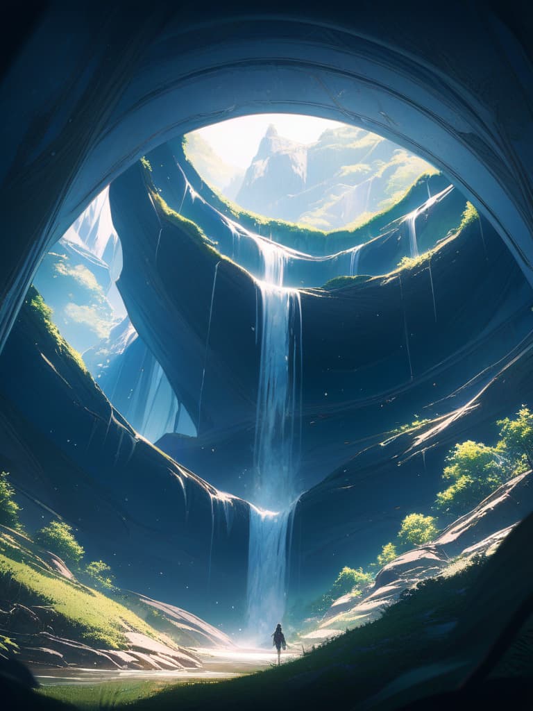  Green hair character reflected in the waterfall, masterpiece, best quality,8k,ultra detailed,high resolution,an extremely delicate and beautiful,hyper detail