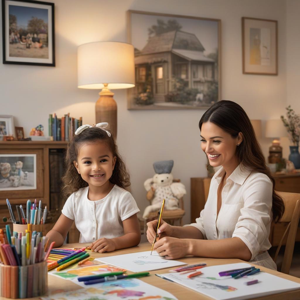  hyperrealistic art Create an image of a little girl and her mother sitting together at a table, smiling and drawing pictures with markers. Use a background of a child's bedroom. . extremely high resolution details, photographic, realism pushed to extreme, fine texture, incredibly lifelike hyperrealistic, full body, detailed clothing, highly detailed, cinematic lighting, stunningly beautiful, intricate, sharp focus, f/1. 8, 85mm, (centered image composition), (professionally color graded), ((bright soft diffused light)), volumetric fog, trending on instagram, trending on tumblr, HDR 4K, 8K