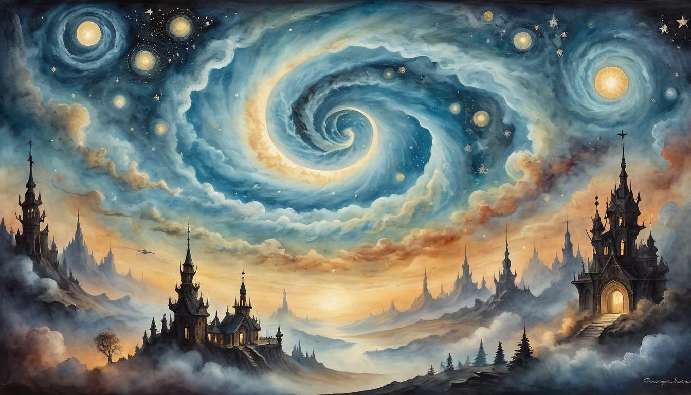  on parchment, surrealism+++, A vast, star filled sky, one particularly bright star in the center, surrounded by swirling cosmic clouds, ethereal glow, sense of anticipation(mysterious, provocative, symbolic,muted color)+++