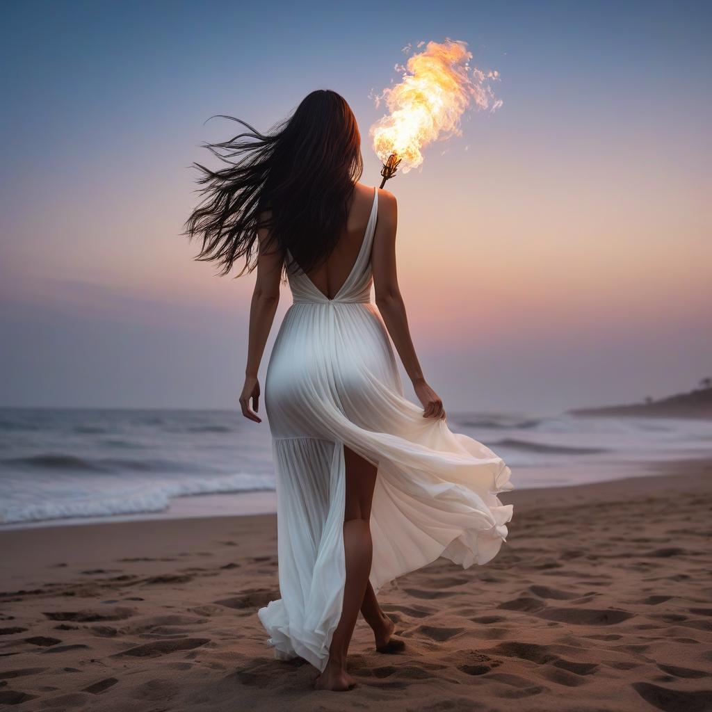  A burning girl with long dark hair stands with her back to the camera. Faceless. She wears an atlas white, minimalist, trailing dress. She stands near the edge of the frame, waist high. The wind whips her hair. Ahead, a summer night, palms, beach. Dance atmosphere. Club. Cocktails. hyperrealistic, full body, detailed clothing, highly detailed, cinematic lighting, stunningly beautiful, intricate, sharp focus, f/1. 8, 85mm, (centered image composition), (professionally color graded), ((bright soft diffused light)), volumetric fog, trending on instagram, trending on tumblr, HDR 4K, 8K