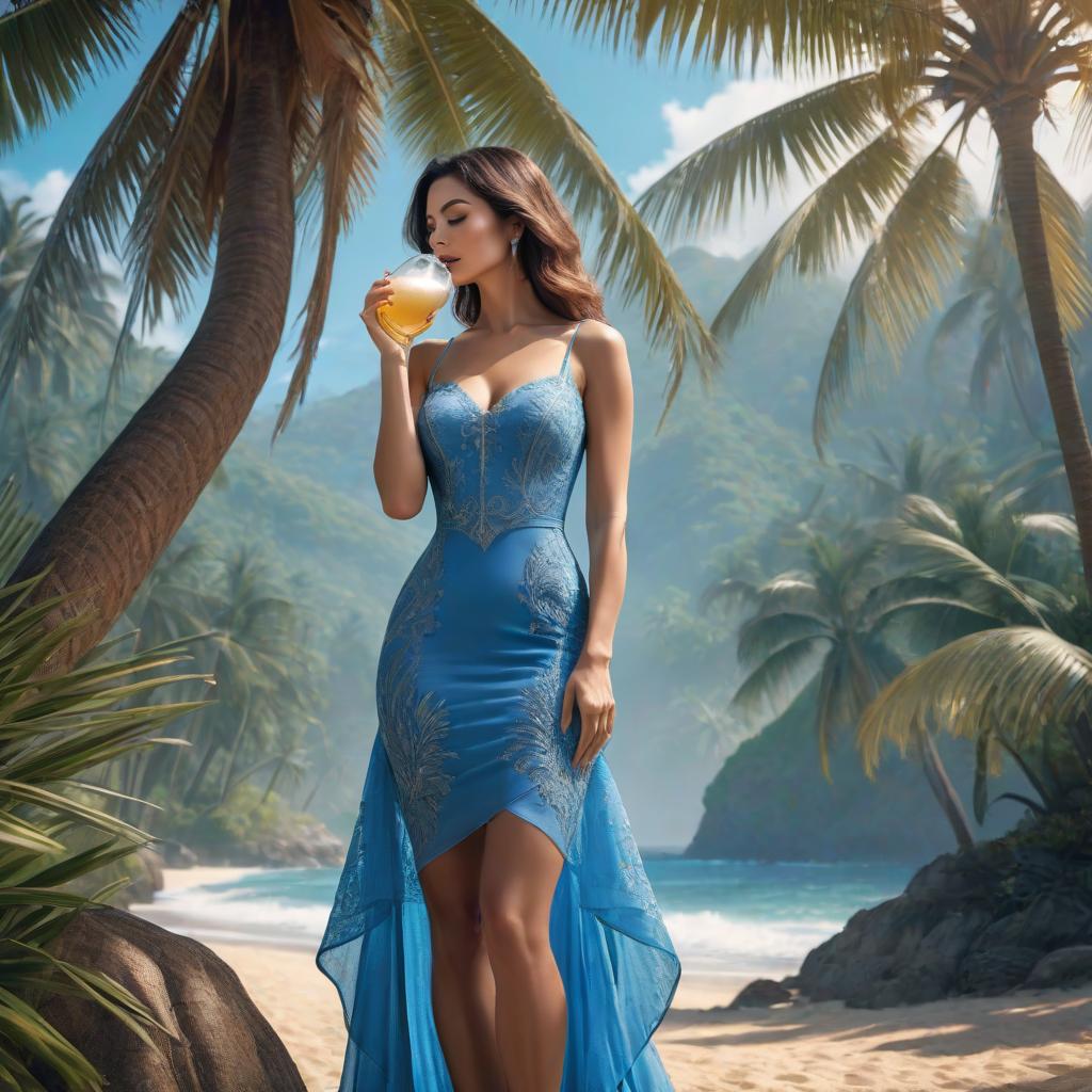  a woman stands tall in a blue dress, leans against a palm tree and drinks from a coconut hyperrealistic, full body, detailed clothing, highly detailed, cinematic lighting, stunningly beautiful, intricate, sharp focus, f/1. 8, 85mm, (centered image composition), (professionally color graded), ((bright soft diffused light)), volumetric fog, trending on instagram, trending on tumblr, HDR 4K, 8K