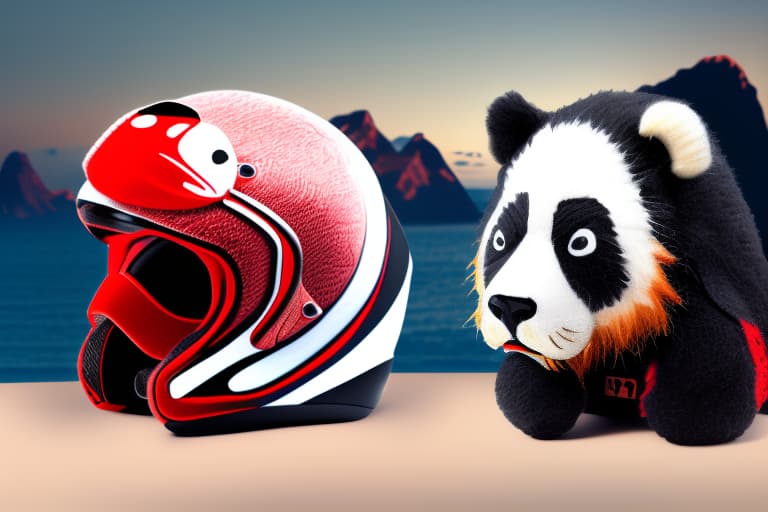 wa-vy style Full face motorcycle helmet with a panda bear, red panda,red fading sunset, ocean, a Chinese dragon and the number 8 on the helmet