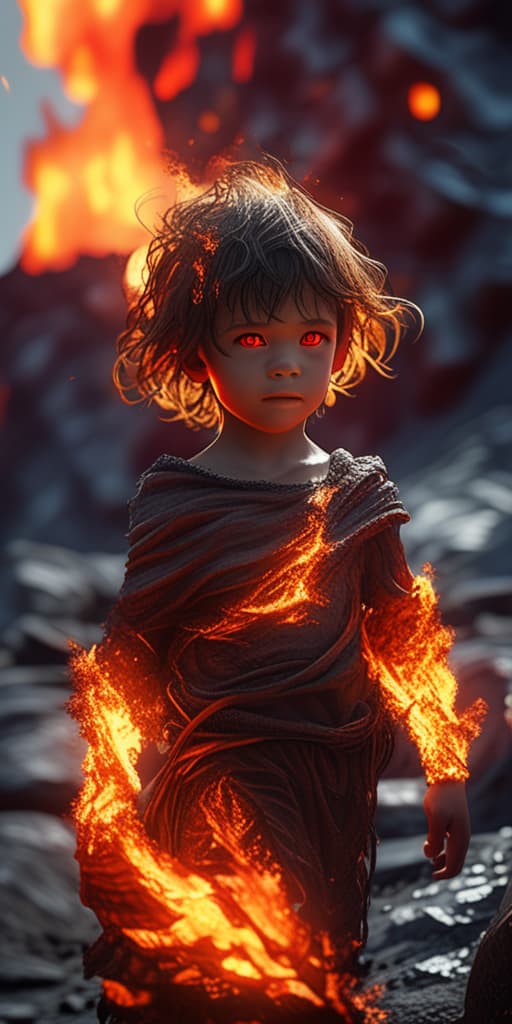  best quality, HD, A cute child portrait of a fire elemental human, warm glowing skin, fiery red eyes, surrounded by swirling flames, set against a cinematic background of a volcanic landscape, with studio lighting highlighting the fiery details, hyper detailed, beautifully color graded, 8k photorealistic, global illumination, volumetric lighting.