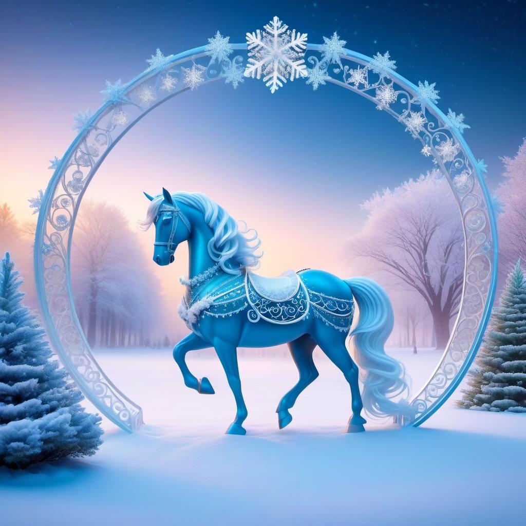  ethereal fantasy concept art of Digital image (double exposure). An attraction in a park. A carousel of ice ponies spinning to the rhythm of a blizzard. Manes of thin openwork snowflakes. Sparkling, sparkling blue neon. Shades of white to blue. (Christmas decor: candy, caramel, wreath, poisettia). Unusual designs, sparkling surfaces. Lots of snowflakes. White snow. Silver filigree, pattern. Stylisation, decorative. Background : surrealist abstraction. Stylistics : fantasy, fairy tale, Soviet animation. High quality. . magnificent, celestial, ethereal, painterly, epic, majestic, magical, fantasy art, cover art, dreamy, hkmagic hyperrealistic, full body, detailed clothing, highly detailed, cinematic lighting, stunningly beautiful, intricate, sharp focus, f/1. 8, 85mm, (centered image composition), (professionally color graded), ((bright soft diffused light)), volumetric fog, trending on instagram, trending on tumblr, HDR 4K, 8K