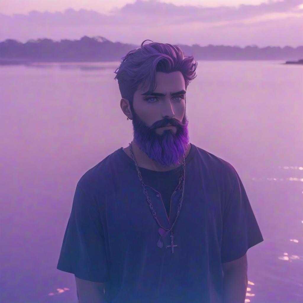  anime artwork a man standing in front of a body of water, a polaroid photo, purple tint, fractal beard, casey cooke, anime style, comix wave films style, detailed face, detailed eyes, high quality . anime style, key visual, vibrant, studio anime, highly detailed hyperrealistic, full body, detailed clothing, highly detailed, cinematic lighting, stunningly beautiful, intricate, sharp focus, f/1. 8, 85mm, (centered image composition), (professionally color graded), ((bright soft diffused light)), volumetric fog, trending on instagram, trending on tumblr, HDR 4K, 8K