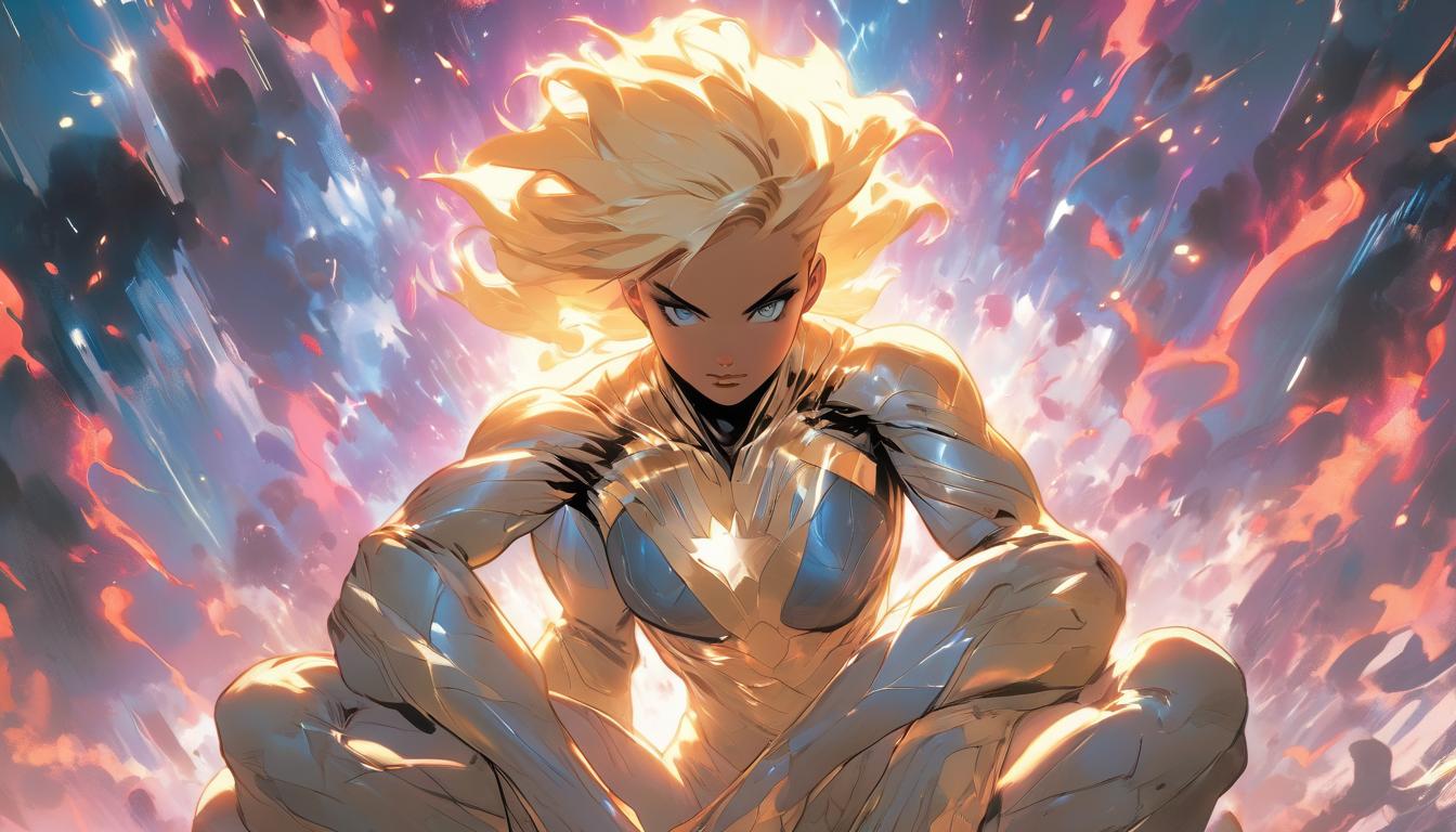  hyperrealism,fantasy aesthetic1woman, large busted attractive blonde arian female humanoid, seated with hands on knees, surrounded by radiant light, aura expanding, cosmic rays illuminating the backdrop, high tech clothing clad in sleek, futuristic costume with metallic accents and form fitting designs, marvel superhero comics style, unreal engine rendering