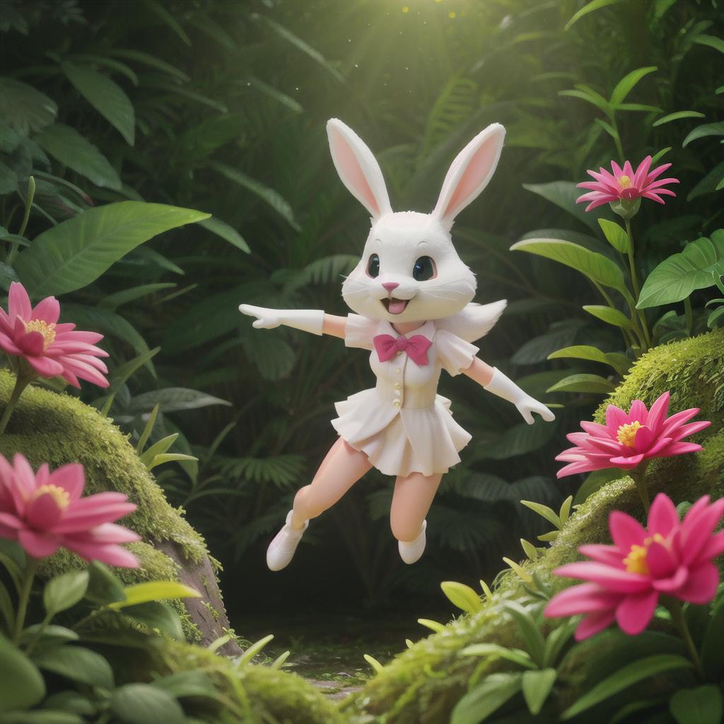  Benny the brave bunny hopping joyfully through the jungle, surrounded by lush trees and colorful flowers. hyperrealistic, full body, detailed clothing, highly detailed, cinematic lighting, stunningly beautiful, intricate, sharp focus, f/1. 8, 85mm, (centered image composition), (professionally color graded), ((bright soft diffused light)), volumetric fog, trending on instagram, trending on tumblr, HDR 4K, 8K