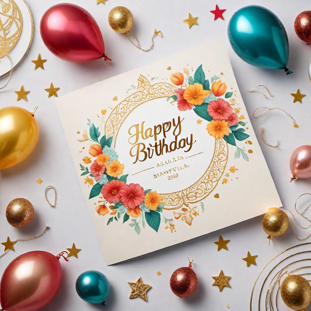  A festive and joyful birthday card with the message: 'Happy Birthday Asiila' in a Muslim style. The design should incorporate elements like crescent moons and stars, traditional geometric patterns, and calligraphy. Include colorful balloons, streamers, and a warm, cheerful atmosphere that conveys love and happiness. Add a cake and some family-friendly decorations. hyperrealistic, full body, detailed clothing, highly detailed, cinematic lighting, stunningly beautiful, intricate, sharp focus, f/1. 8, 85mm, (centered image composition), (professionally color graded), ((bright soft diffused light)), volumetric fog, trending on instagram, trending on tumblr, HDR 4K, 8K