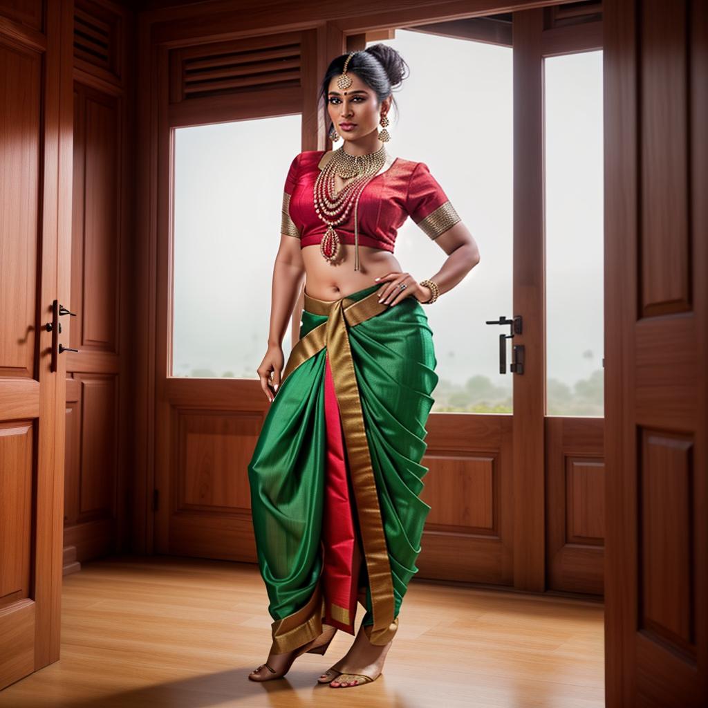  The image shows an Indian woman standing in a room. She is wearing a green blouse and a red and white sari. The sari is wrapped around her waist and pulled up to her chest, exposing her midriff. She is also wearing a necklace and earrings. The woman has a large bindi on her forehead and her hair is tied back in a bun. She is standing barefoot on the floor. In the background, there is a wall with a window and a door. hyperrealistic, full body, detailed clothing, highly detailed, cinematic lighting, stunningly beautiful, intricate, sharp focus, f/1. 8, 85mm, (centered image composition), (professionally color graded), ((bright soft diffused light)), volumetric fog, trending on instagram, trending on tumblr, HDR 4K, 8K