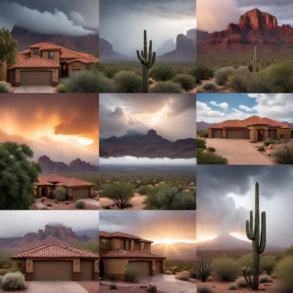  Create 6 posts about roofing and monsoon season in Arizona. Include images of Arizona's landscapes during monsoon season and different types of roofing materials suitable for the region. hyperrealistic, full body, detailed clothing, highly detailed, cinematic lighting, stunningly beautiful, intricate, sharp focus, f/1. 8, 85mm, (centered image composition), (professionally color graded), ((bright soft diffused light)), volumetric fog, trending on instagram, trending on tumblr, HDR 4K, 8K