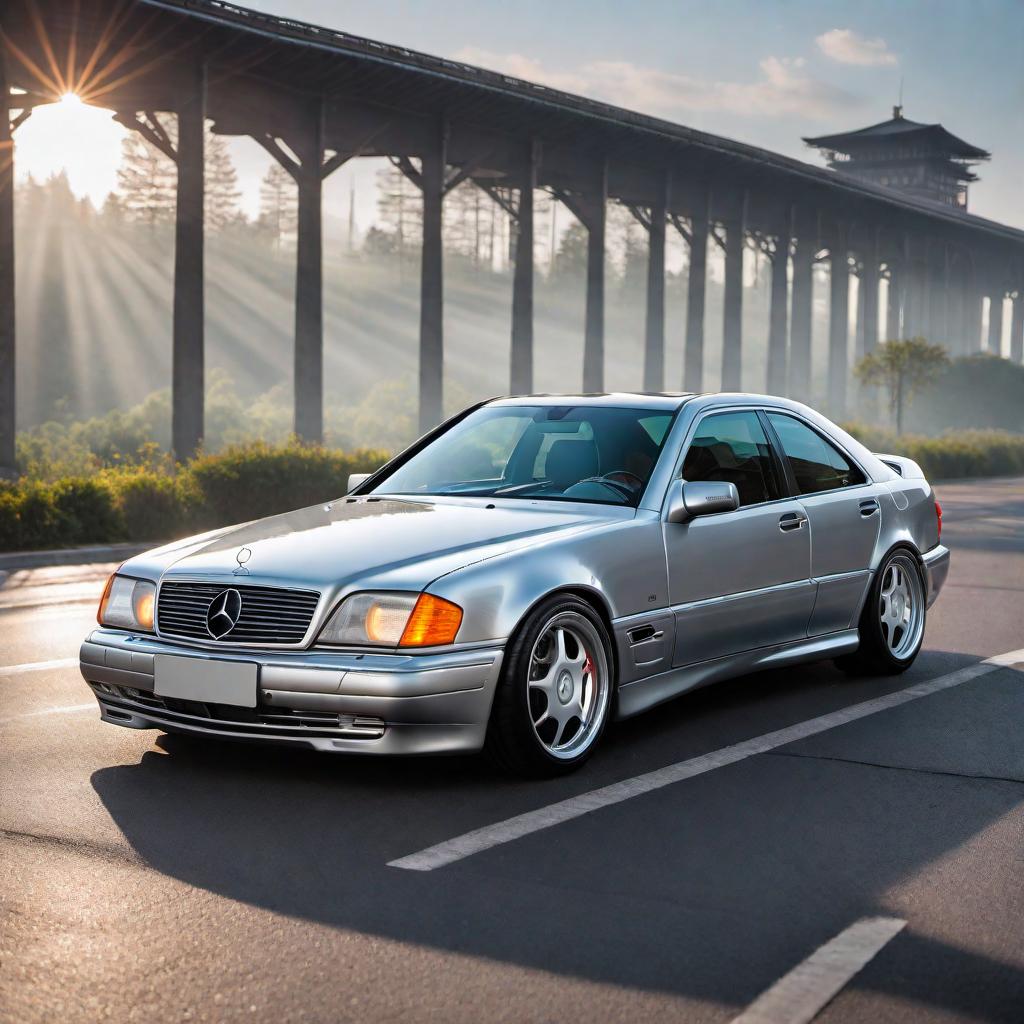  1997 Mercedes AMG C36 in silver color, parked on a road. The distinctive AMG sporty design elements should include a slightly aggressive front grille, alloy wheels, and classic 90's sedan body lines. The background should be simple and unobtrusive to keep the focus on the car. hyperrealistic, full body, detailed clothing, highly detailed, cinematic lighting, stunningly beautiful, intricate, sharp focus, f/1. 8, 85mm, (centered image composition), (professionally color graded), ((bright soft diffused light)), volumetric fog, trending on instagram, trending on tumblr, HDR 4K, 8K