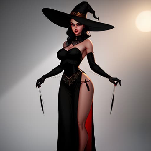  witch, (short black hair, with long locks pointing upward), big red eyes, eyeliner, red lipstick, cute witch's hat, (long black dress with large slits on the hips, deep age and bare shoulders), heels, very large s, perky s, slender waist, wide hips, plump , shortie , 18year, lot of details, random background hyperrealistic, full body, detailed clothing, highly detailed, cinematic lighting, stunningly beautiful, intricate, sharp focus, f/1. 8, 85mm, (centered image composition), (professionally color graded), ((bright soft diffused light)), volumetric fog, trending on instagram, trending on tumblr, HDR 4K, 8K