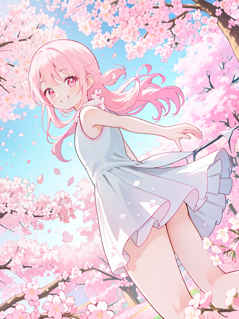  Sufficient smile, cherry blossoms, petals, spring, outstretched Arms, Looking Back, (Pink & White One Piece), Dutch Angle, 💩, 💩, 💩, 💩, 💩, 💩, masterpiece, best quality,8k,ultra detailed,high resolution,an extremely delicate and beautiful,hyper detail