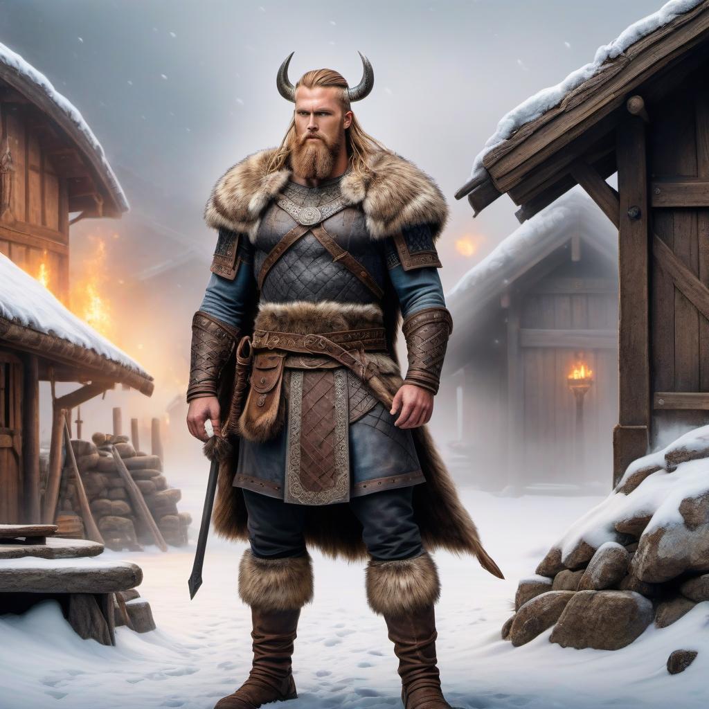  anime artwork viking berserker, intricate details, furs, freckles, viking clothing, medieval viking village background, winter, half smile, hyperrealism, complexity, (Masterpiece: 1.5), (best quality: 1.5). watercolor airbrush Magali in Villeneuve style . anime style, key visual, vibrant, studio anime, highly detailed hyperrealistic, full body, detailed clothing, highly detailed, cinematic lighting, stunningly beautiful, intricate, sharp focus, f/1. 8, 85mm, (centered image composition), (professionally color graded), ((bright soft diffused light)), volumetric fog, trending on instagram, trending on tumblr, HDR 4K, 8K