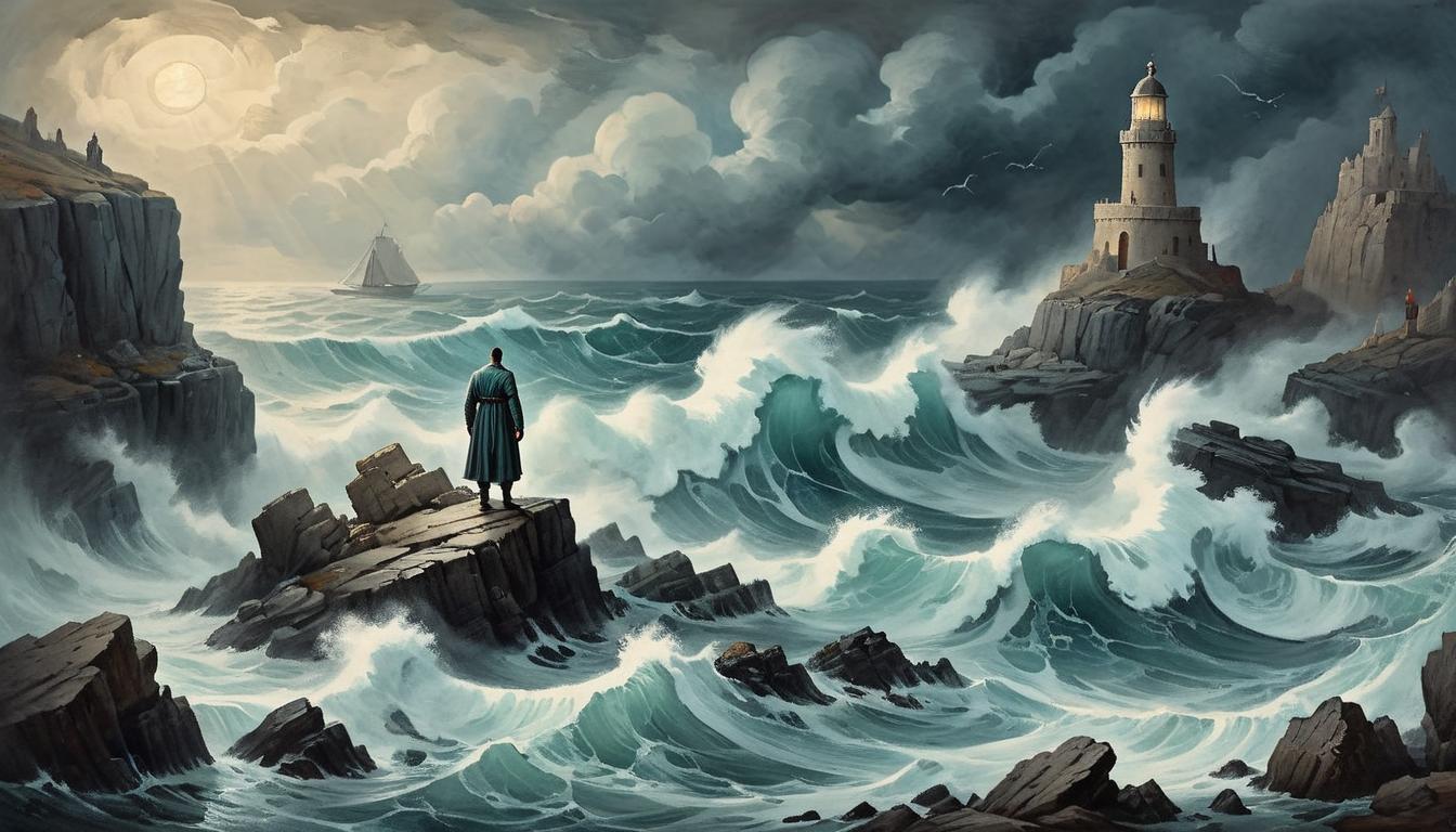  on parchment, surrealism+++, Figure standing on rocky shore, stormy seas crashing, figure enveloped in light and emotion, resilience amidst turmoil(mysterious, provocative, symbolic,muted color)+++