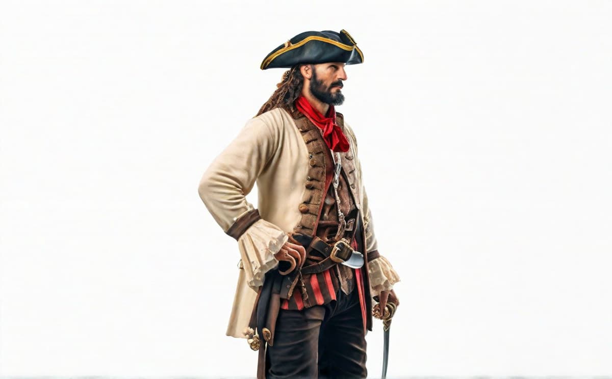  pirate hyperrealistic, full body, detailed clothing, highly detailed, cinematic lighting, stunningly beautiful, intricate, sharp focus, f/1. 8, 85mm, (centered image composition), (professionally color graded), ((bright soft diffused light)), volumetric fog, trending on instagram, trending on tumblr, HDR 4K, 8K