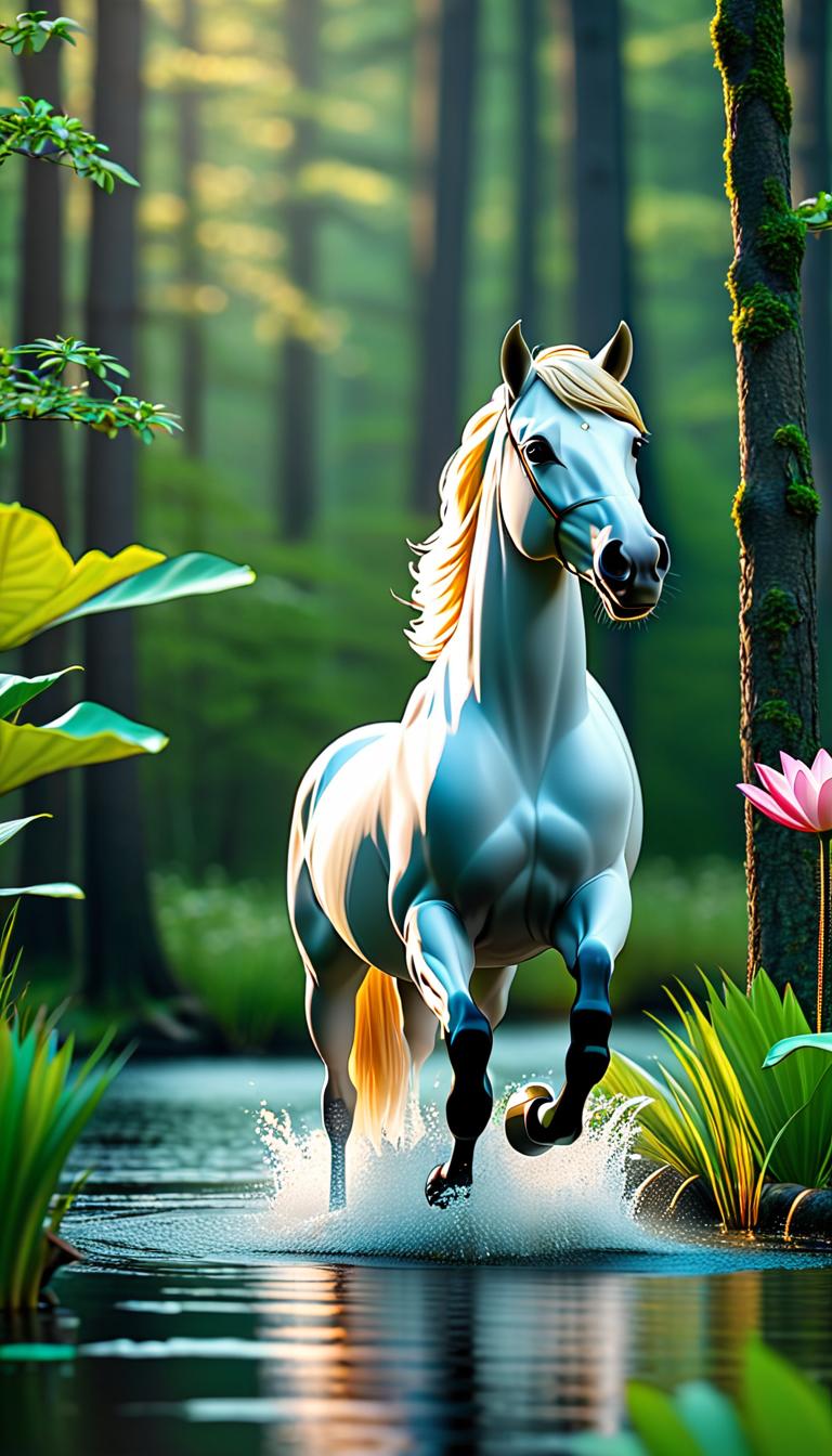  Professional 3D model of A spring horse is standing in a beautiful forest. The horse is a fool. The horse running in a lake with water lilies. . Rendered with Octane, the model is highly detailed,dramatic lighting. hyperrealistic, full body, detailed clothing, highly detailed, cinematic lighting, stunningly beautiful, intricate, sharp focus, f/1. 8, 85mm, (centered image composition), (professionally color graded), ((bright soft diffused light)), volumetric fog, trending on instagram, trending on tumblr, HDR 4K, 8K