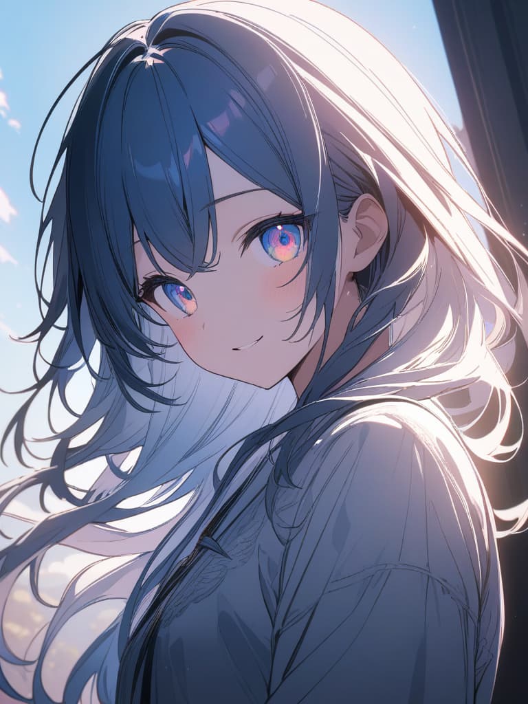  a beautiful blue haired girl,long messy hair,ultra detailed,best shadow,beautiful detailed deep rainbow eyes,cute and beautiful face,shy smile,white shirt,upper body view,colorful,(masterpiece:1.2),(best quality:1.2),detailed background,high contrast,(best illumination,an extremely delicate and beautiful),((cinematic light)),hyper detail,dramatic light,intricate details,8k,anime,very aesthetic, masterpiece, best quality,8k,ultra detailed,high resolution,an extremely delicate and beautiful,hyper detail