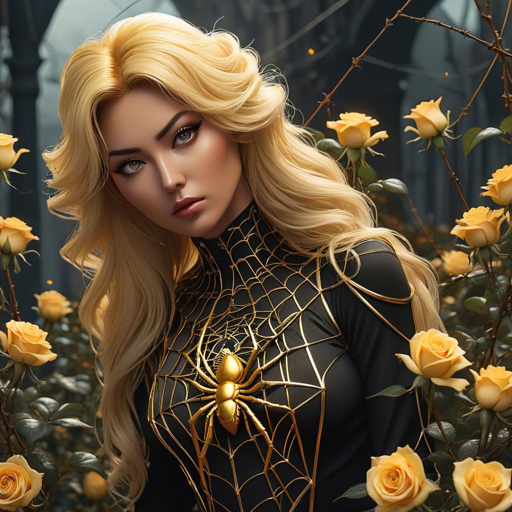  A web of gold roses with thorns, in the background a head of a girl with golden hair and a black spider., hkmagic hyperrealistic, full body, detailed clothing, highly detailed, cinematic lighting, stunningly beautiful, intricate, sharp focus, f/1. 8, 85mm, (centered image composition), (professionally color graded), ((bright soft diffused light)), volumetric fog, trending on instagram, trending on tumblr, HDR 4K, 8K