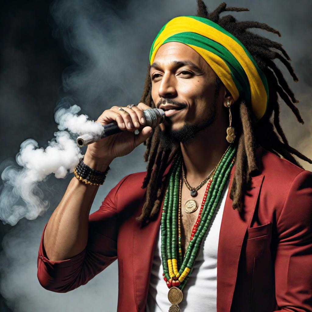  A visual representation combining features of Sean Paul, Shaggy, and Bob Marley. This character should have the iconic dreadlocks of Bob Marley, the stylish aura of Sean Paul, and the cool demeanor of Shaggy. The character should be smiling and relaxed, holding a weed joint in one hand and a bong in the other hand, smoking from the bong. There should be a cloud of smoke surrounding him, and the background should reflect a reggae theme with bright and colorful elements typical of Rastafarian culture. hyperrealistic, full body, detailed clothing, highly detailed, cinematic lighting, stunningly beautiful, intricate, sharp focus, f/1. 8, 85mm, (centered image composition), (professionally color graded), ((bright soft diffused light)), volumetric fog, trending on instagram, trending on tumblr, HDR 4K, 8K