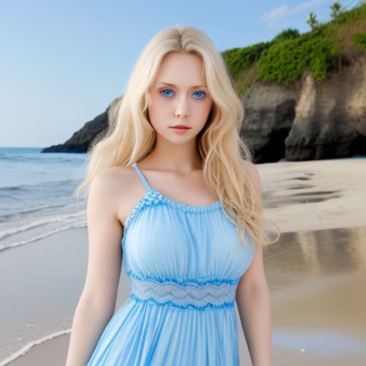  Bright blue eyes Lady on the beach in dress Crystal clear water Blond wavy hair Whole body shot