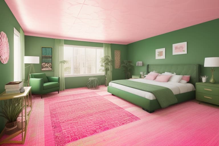  The image features a modern eclectic theme with a blend of mid century and contemporary design elements, showcased in a unique color scheme. Modern eclectic with mid century influence, paneled green walls, pink ceiling, stylish , and geometric patterned rug. modern eclectic, mid century influence, paneled green walls, pink ceiling, stylish, geometric patterned rug