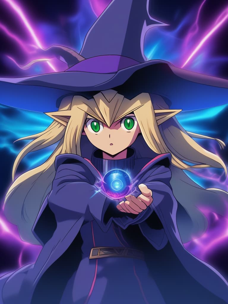  (in yu gi oh! duel monsters dark magician style),(absurdres,highres,superlative),((texture)),((contrast)),(top quality,masterpiece),(sence of depth,clear,brightness:1.5),(official art,simple background,magic circle,madeon) BREAK solo,,kawaii,(blond hair),cute lips,parted lips,green eyes,(duel monster,dark magician costume),blue dress,age,witch hat,blue hat,pink ,show , bare shoulders,((concentration)),, masterpiece, best quality,8k,ultra detailed,high resolution,an extremely delicate and beautiful,hyper detail hyperrealistic, full body, detailed clothing, highly detailed, cinematic lighting, stunningly beautiful, intricate, sharp focus, f/1. 8, 85mm, (centered image composition), (professionally color graded), ((bright soft diffused light)), volumetric fog, trending on instagram, trending on tumblr, HDR 4K, 8K