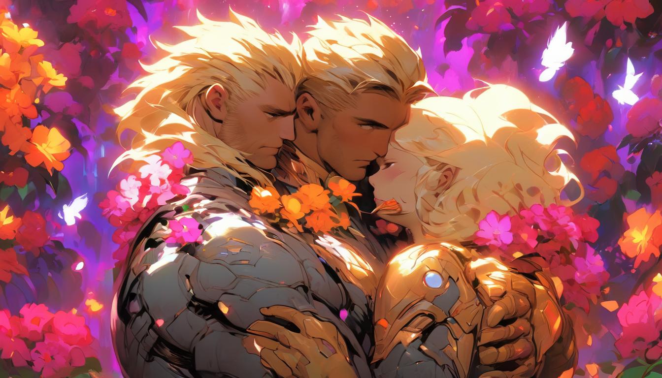  hyperrealism,fantasy aesthetic1man1woman, large busted attractive blonde arian female humanoid and handsome male humanoid, sharing a warm hug, a backdrop of blooming flowers, vibrant colors, joyful mood., high tech clothing clad in sleek, futuristic costume with metallic accents and form fitting designs, marvel superhero comics style, unreal engine rendering