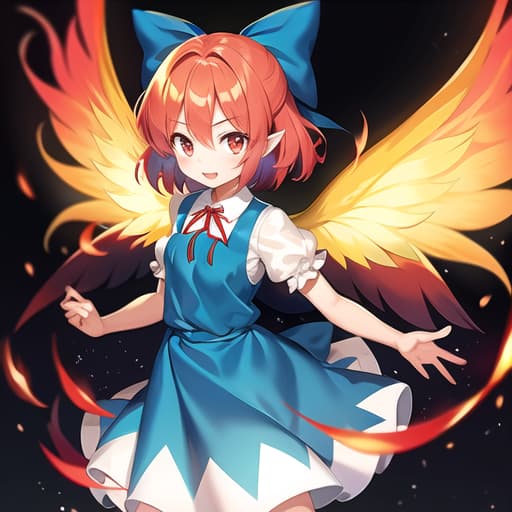  master piece , best quality,1girl, cirno (touhou), short hair, red hair, fire wings, fairy wings, red eyes, bangs, white shirt, collared shirt, puffy short sleeves, red dress, pinafore dress, blue ribbon, neck ribbon, red bow, green bow, hair bow, bow,