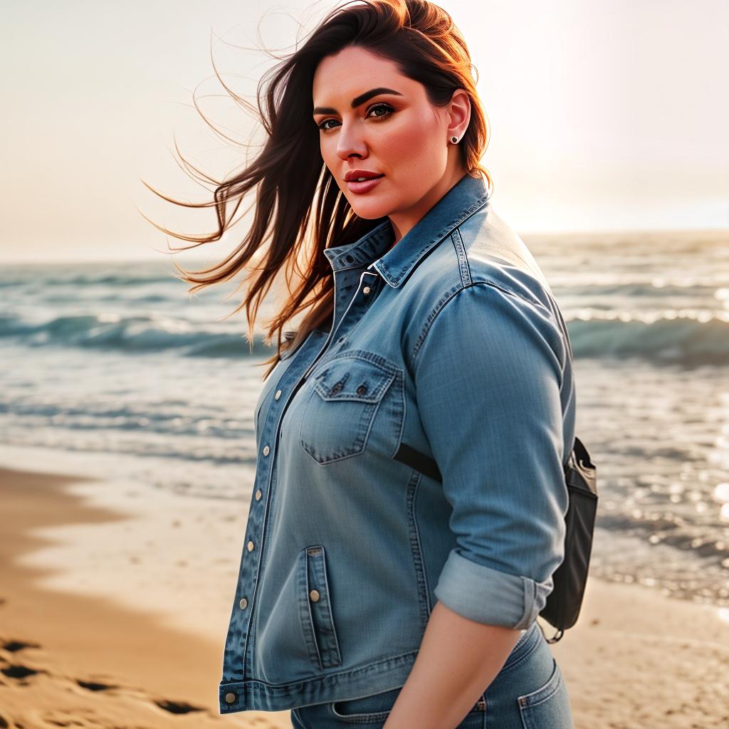  a Chubby American gir at beach, portrait, Jean's hyperrealistic, full body, detailed clothing, highly detailed, cinematic lighting, stunningly beautiful, intricate, sharp focus, f/1. 8, 85mm, (centered image composition), (professionally color graded), ((bright soft diffused light)), volumetric fog, trending on instagram, trending on tumblr, HDR 4K, 8K