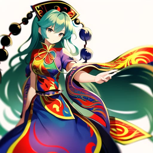  master piece , best quality,1girl, {{junko (touhou)}}, blue green hair, long hair, jewelry blue green eyes, glossy eyes, chinese clothes, blue dress, long sleeves