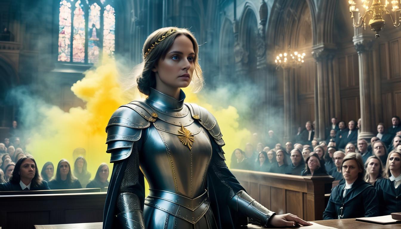  fluorescent dust, fluorescent spraypaint, fluorescent grain, fluorescent make up Joan of Arc in a courtroom, her face resolute and serene amidst hostile judges. Ethereal beings stand behind her with firm gazes, their presence infusing the scene with spiritual strength and conviction.dust, cinematic film, best quality, high resolution, realistic, 8k, dynamic angle, serene, extremely detailed, absurdres particle effect, wonderful night dreamlike glowing masterpiece, celestial, detailed, realistic, image concept art, phenomenal mesmerise, maximalist,