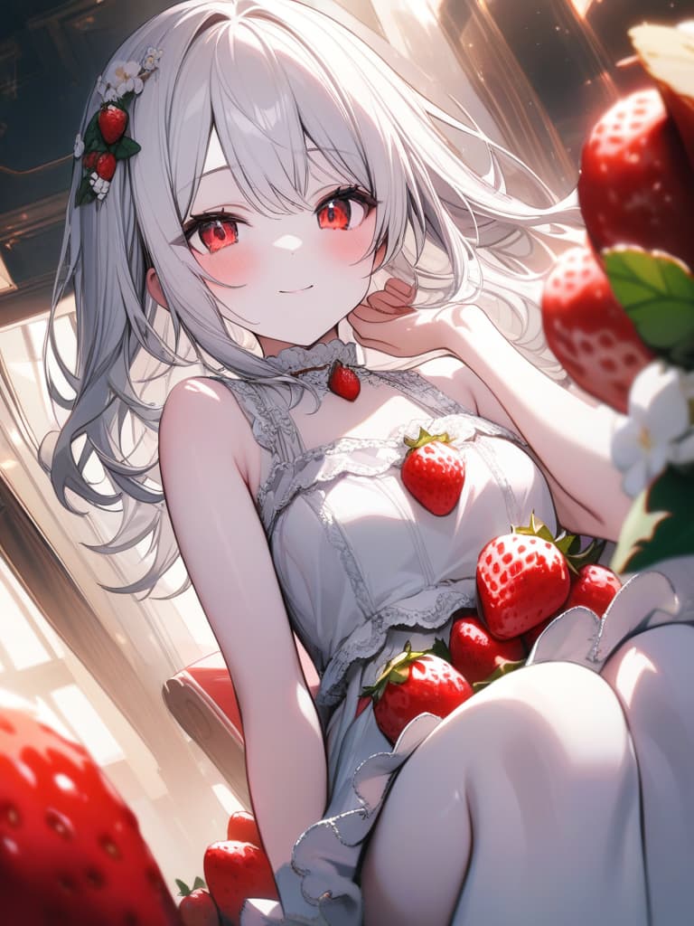  Cute, girl, young face, white skin, thin body, fluffy hair, white hair, bright red eyes, frill dress, smiling, strawberry decoration, masterpiece, best quality,8k,ultra detailed,high resolution,an extremely delicate and beautiful,hyper detail