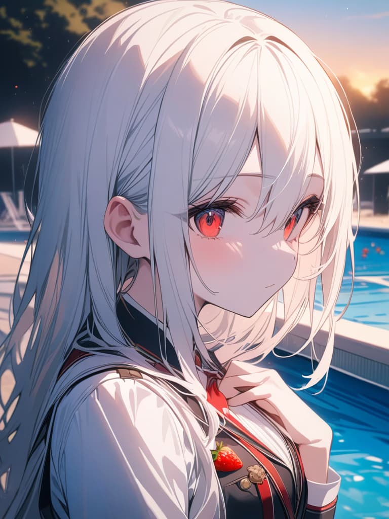  Cute, , young face, white skin, thin body, fluffy hair, white hair, bright red eyes, strawberry decoration, uniform, fluffy long hair, sunset, pool only in the pool, , masterpiece, best quality,8k,ultra detailed,high resolution,an extremely delicate and beautiful,hyper detail