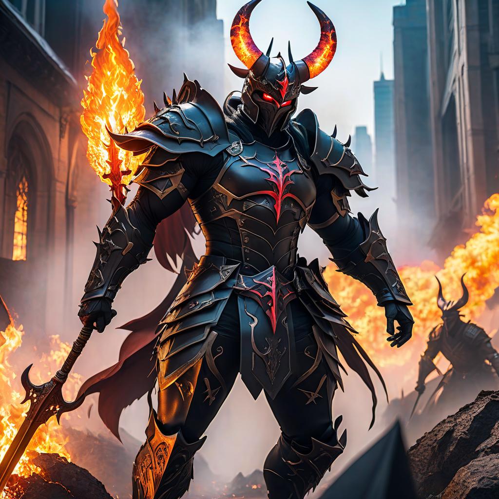  anime artwork a demon in black armor in a horned helmet with a spear rises above his enemies and moves slowly and burns everything in his path . anime style, key visual, vibrant, studio anime, highly detailed hyperrealistic, full body, detailed clothing, highly detailed, cinematic lighting, stunningly beautiful, intricate, sharp focus, f/1. 8, 85mm, (centered image composition), (professionally color graded), ((bright soft diffused light)), volumetric fog, trending on instagram, trending on tumblr, HDR 4K, 8K