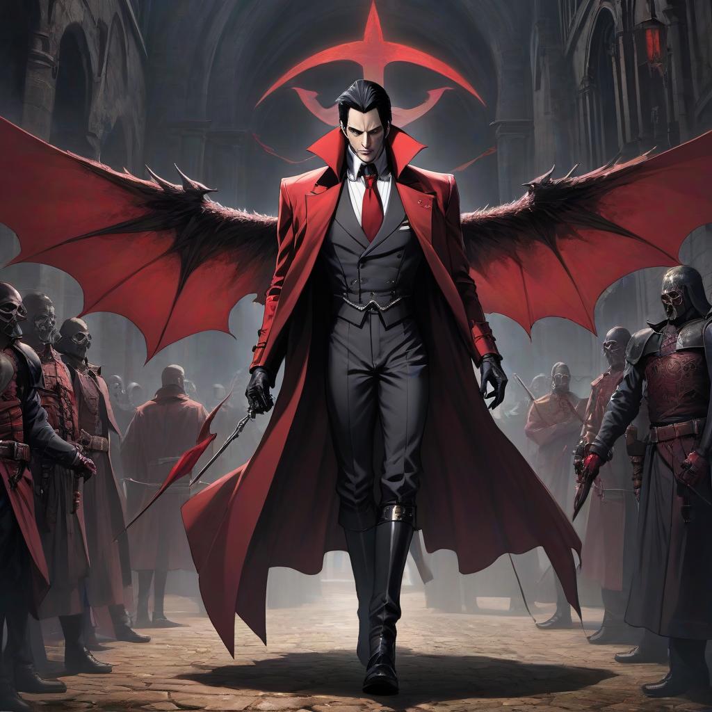  The Hellsing organization, created by the Anglican Church to protect the British Empire and the queen herself from the undead and other supernatural beings, is led by the Royal Order of Protestant Knights. Dracula in Victorian fashion wears a dark red suit, high boots, and a voluminous, meticulously tied tie. He also wears a long red cape with wings, and wears a hat with wide, flexible brims on his head. Dracula is an exceptional marksman. hyperrealistic, full body, detailed clothing, highly detailed, cinematic lighting, stunningly beautiful, intricate, sharp focus, f/1. 8, 85mm, (centered image composition), (professionally color graded), ((bright soft diffused light)), volumetric fog, trending on instagram, trending on tumblr, HDR 4K, 8K