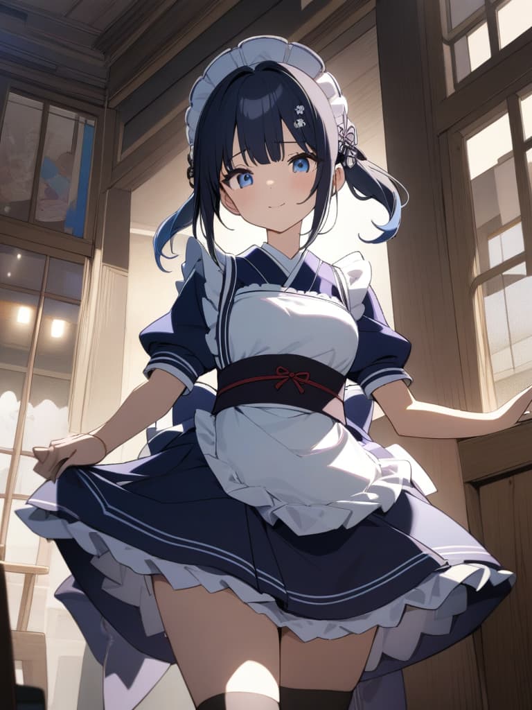  ((Kimono,kimono maid,Japanese style maid,wearing maid apron over kimono,blue kimono,mini length kimono,knee high socks,black tights)),black hair,light blue eyes,shy,embarred face,maid hair accessory,Japanese patterned kimono,Japanese style cafe,Japanese style cafe staff,cute,beautiful girl,beautiful、ultra detailed,best shadow,cute and beautiful face,(masterpiece:1.2),(best quality:1.2),detailed background,high contrast,(best illumination,an extremely delicate and beautiful),((cinematic light)),hyper detail,dramatic light,intricate details,8k,anime,very aesthetic、Customer service,maid serving,cute,smiling,, masterpiece, best quality,8k,ultra detailed,high resolution,an extremely delicate and beautiful,hyper detail