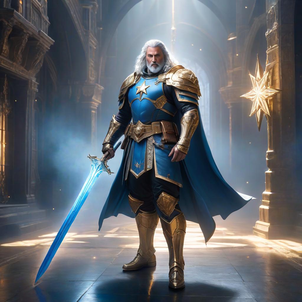  Man, big man, star, dream, fantasy, magic, one man, space, white eyes with star, with star, two handed sword with star in guard, crystal, heavy armor magic blue and gold hyperrealistic, full body, detailed clothing, highly detailed, cinematic lighting, stunningly beautiful, intricate, sharp focus, f/1. 8, 85mm, (centered image composition), (professionally color graded), ((bright soft diffused light)), volumetric fog, trending on instagram, trending on tumblr, HDR 4K, 8K