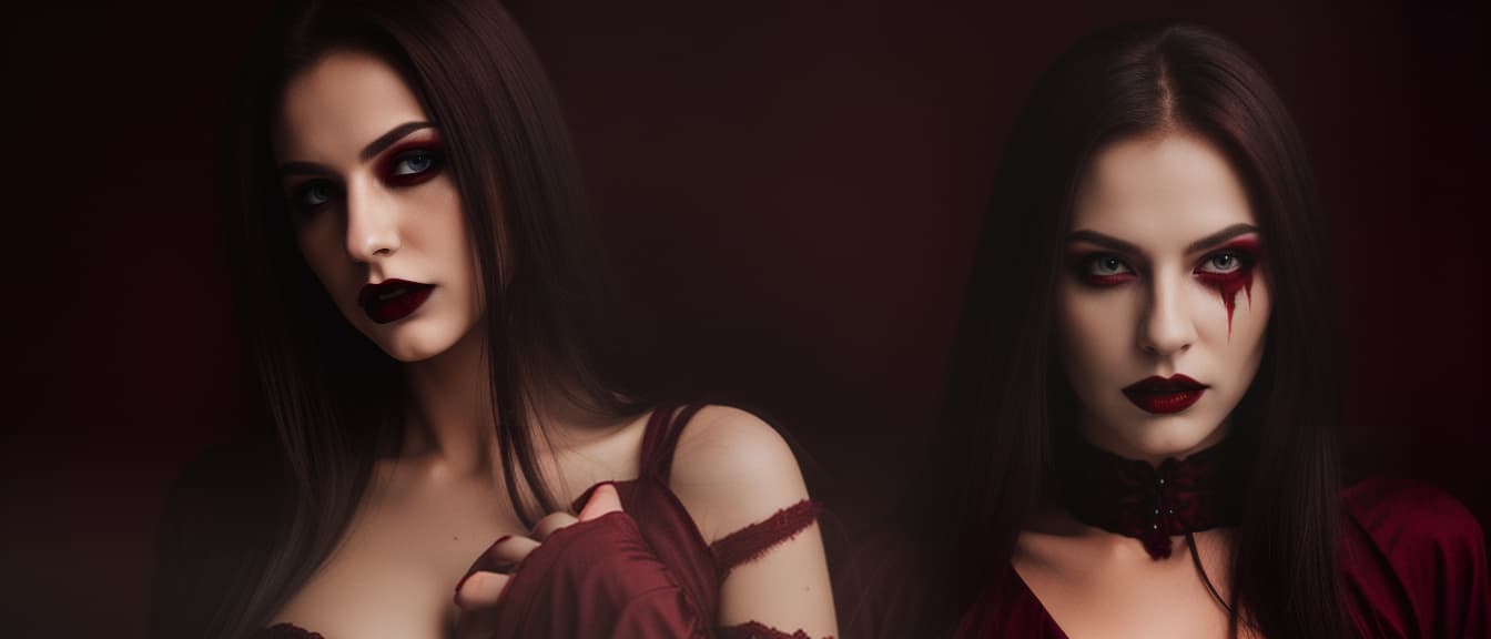 Portrait of attractive pretty woman stunning gorgeous alluring bloody scary vampire demon isolated on dark red maroon burgundy marsala color background with copy space.