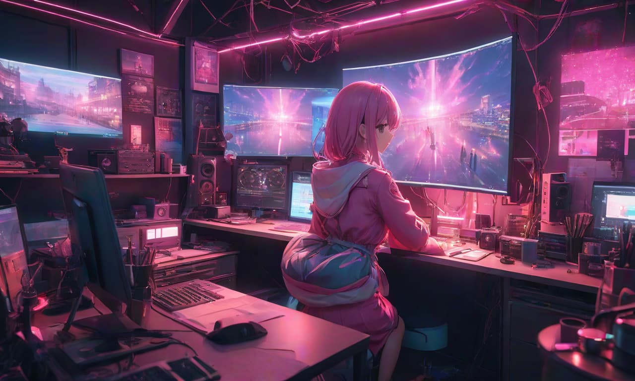  anime artwork Pink monitor screen. Pink atmosphere. Cute workspace. Lots of details. Girl streamer's workspace. Cute lighting. Night. Lights, garlands. No people. Cute . anime style, key visual, vibrant, studio anime, highly detailed hyperrealistic, full body, detailed clothing, highly detailed, cinematic lighting, stunningly beautiful, intricate, sharp focus, f/1. 8, 85mm, (centered image composition), (professionally color graded), ((bright soft diffused light)), volumetric fog, trending on instagram, trending on tumblr, HDR 4K, 8K