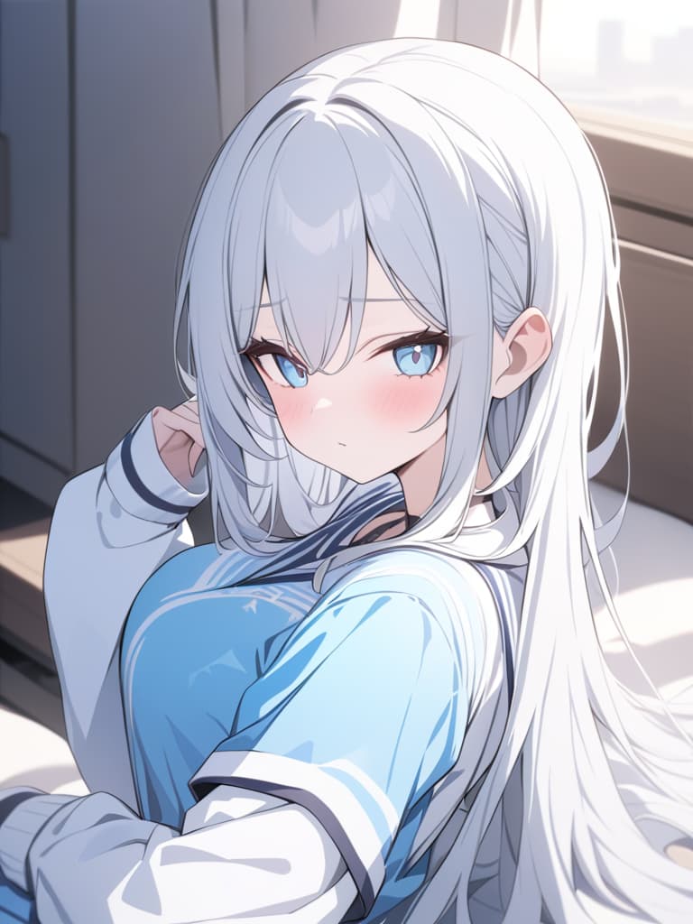  Cute, subculture, jerseys, moe sleeves, white hair, light blue, angel, light blue eye, piece, masterpiece, best quality,8k,ultra detailed,high resolution,an extremely delicate and beautiful,hyper detail