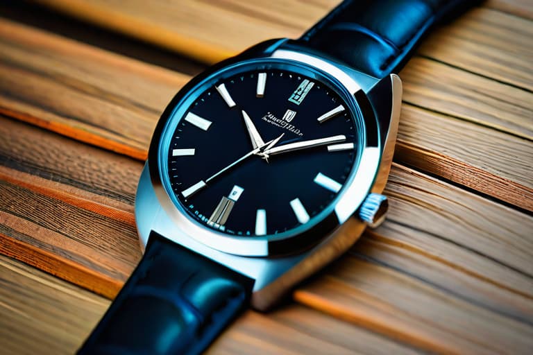  "Closeup of a stylish, modern wristwatch with a sleek black leather strap and a polished silver face, set against a rustic wooden table background. The watch face reflects soft, natural light, highlighting its intricate details and craftsmanship. The background is slightly blurred to keep the focus on the watch, with subtle hints of a cozy, warm lit room in the distance. The image is highly detailed and realistic, capturing the essence of a perfect gift for dads. Quality modifiers: ultra realistic, high definition, 4K resolution. Style modifiers: modern, elegant, sophisticated. Mood: warm, inviting, thoughtful."Ensure no face,leg,hand or eye defomities.Ensure all images are clear, detailed, contains no text and no deformities. realistic, hi hyperrealistic, full body, detailed clothing, highly detailed, cinematic lighting, stunningly beautiful, intricate, sharp focus, f/1. 8, 85mm, (centered image composition), (professionally color graded), ((bright soft diffused light)), volumetric fog, trending on instagram, trending on tumblr, HDR 4K, 8K