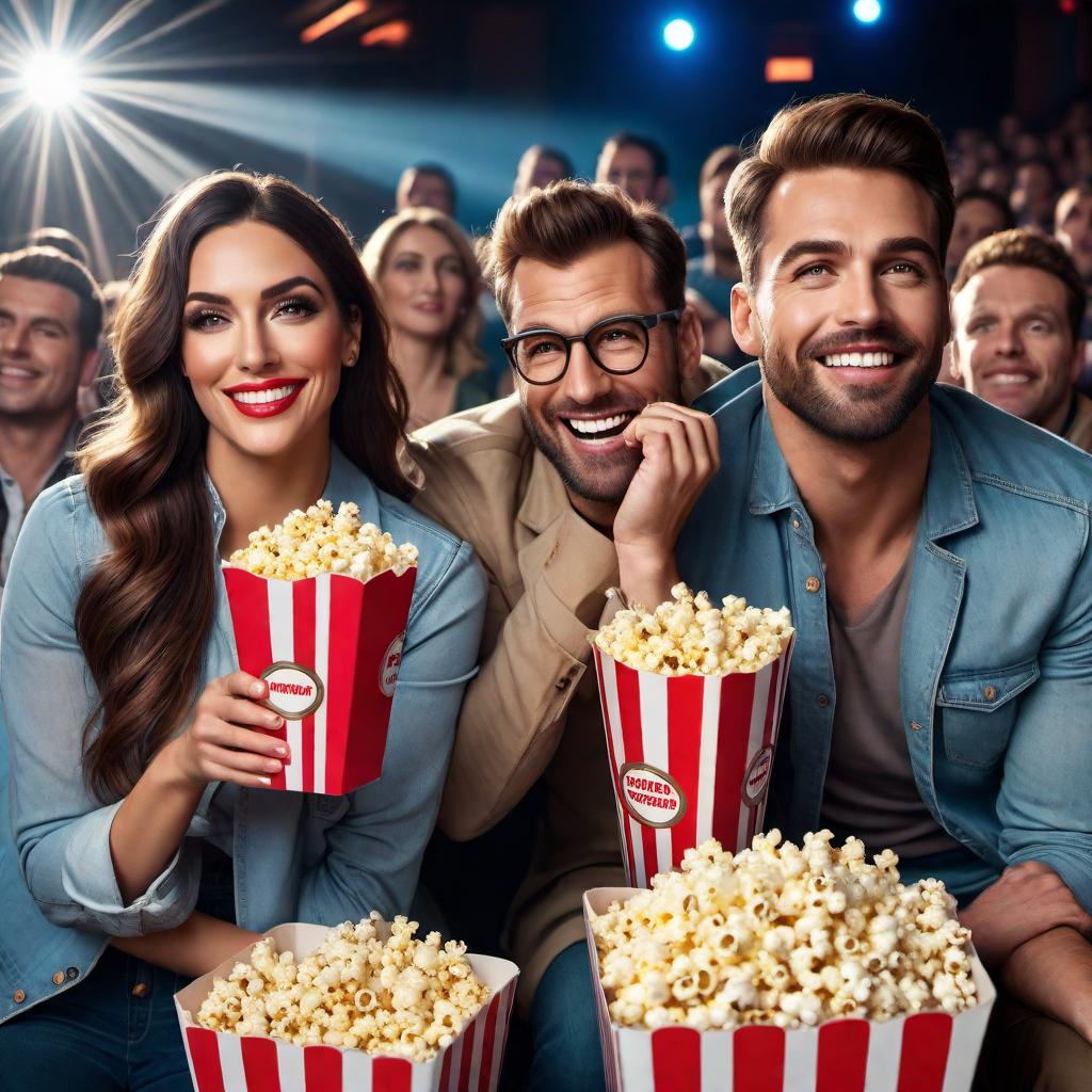  A light-hearted message asking someone to see a movie together. The message reads: 'Hey Jameson! 🌟 Would you fancy catching a movie together at our local movie theater, or are you up for an open-air cinema adventure under the stars? 🍿🎥 What do you think?' The background is a fun and casual mix of movie-related elements like popcorn, stars, and cinema tickets, set in a playful, colorful style. hyperrealistic, full body, detailed clothing, highly detailed, cinematic lighting, stunningly beautiful, intricate, sharp focus, f/1. 8, 85mm, (centered image composition), (professionally color graded), ((bright soft diffused light)), volumetric fog, trending on instagram, trending on tumblr, HDR 4K, 8K