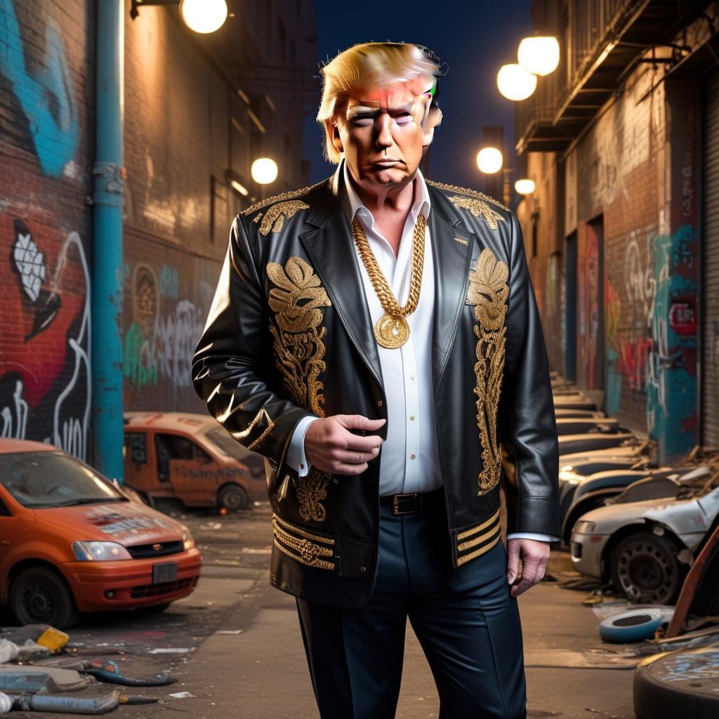  Donald Trump dressed as a stereotypical gang member. He is wearing a bandana, gold chains, and a flashy jacket, with a tough expression on his face. The background includes urban street graffiti and a gritty, city environment. Make it look humorous and exaggerated. hyperrealistic, full body, detailed clothing, highly detailed, cinematic lighting, stunningly beautiful, intricate, sharp focus, f/1. 8, 85mm, (centered image composition), (professionally color graded), ((bright soft diffused light)), volumetric fog, trending on instagram, trending on tumblr, HDR 4K, 8K