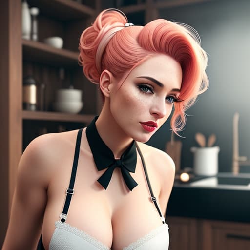  a closeup portrait of a playful maid, undercut hair, apron, amazing body, pronounced feminine feature, busty, belly button, lusty, garter belt, stockings, kitchen, [ash blonde | ginger | pink hair], freckles, flirting with camera hyperrealistic, full body, detailed clothing, highly detailed, cinematic lighting, stunningly beautiful, intricate, sharp focus, f/1. 8, 85mm, (centered image composition), (professionally color graded), ((bright soft diffused light)), volumetric fog, trending on instagram, trending on tumblr, HDR 4K, 8K